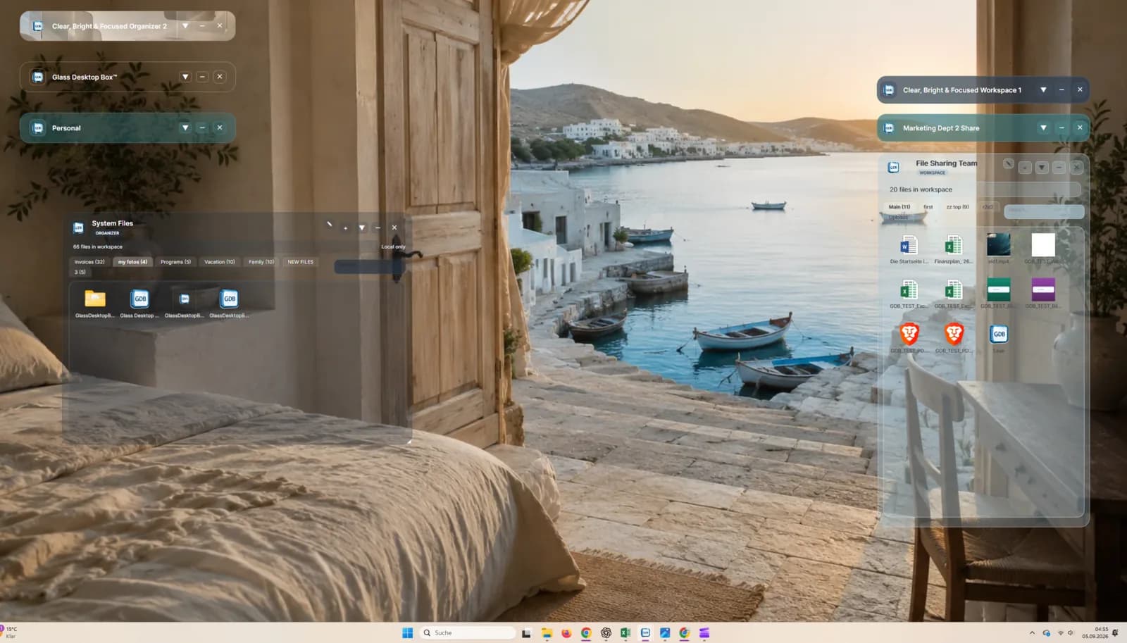 Windows desktop organized with bright Glass Desktop Box visual workspaces as a Fences alternative