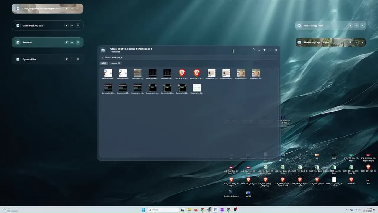 Fences alternative demonstration: Glass Desktop Box organizing local files into visual workspaces