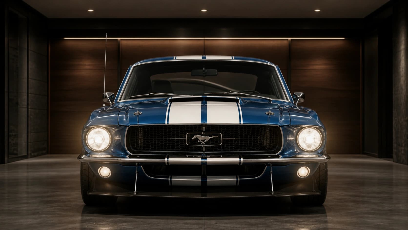 深色豪华车库中的蓝色Ford Mustang Fastback — 适用于现代 Windows 桌面整理软件