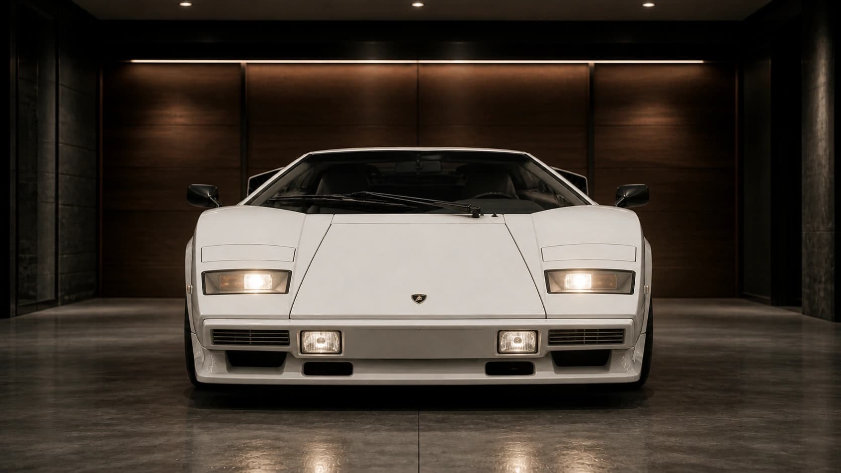Lamborghini Countach белого цвета в тёмном роскошном гараже — для современной программы организации рабочего стола Windows