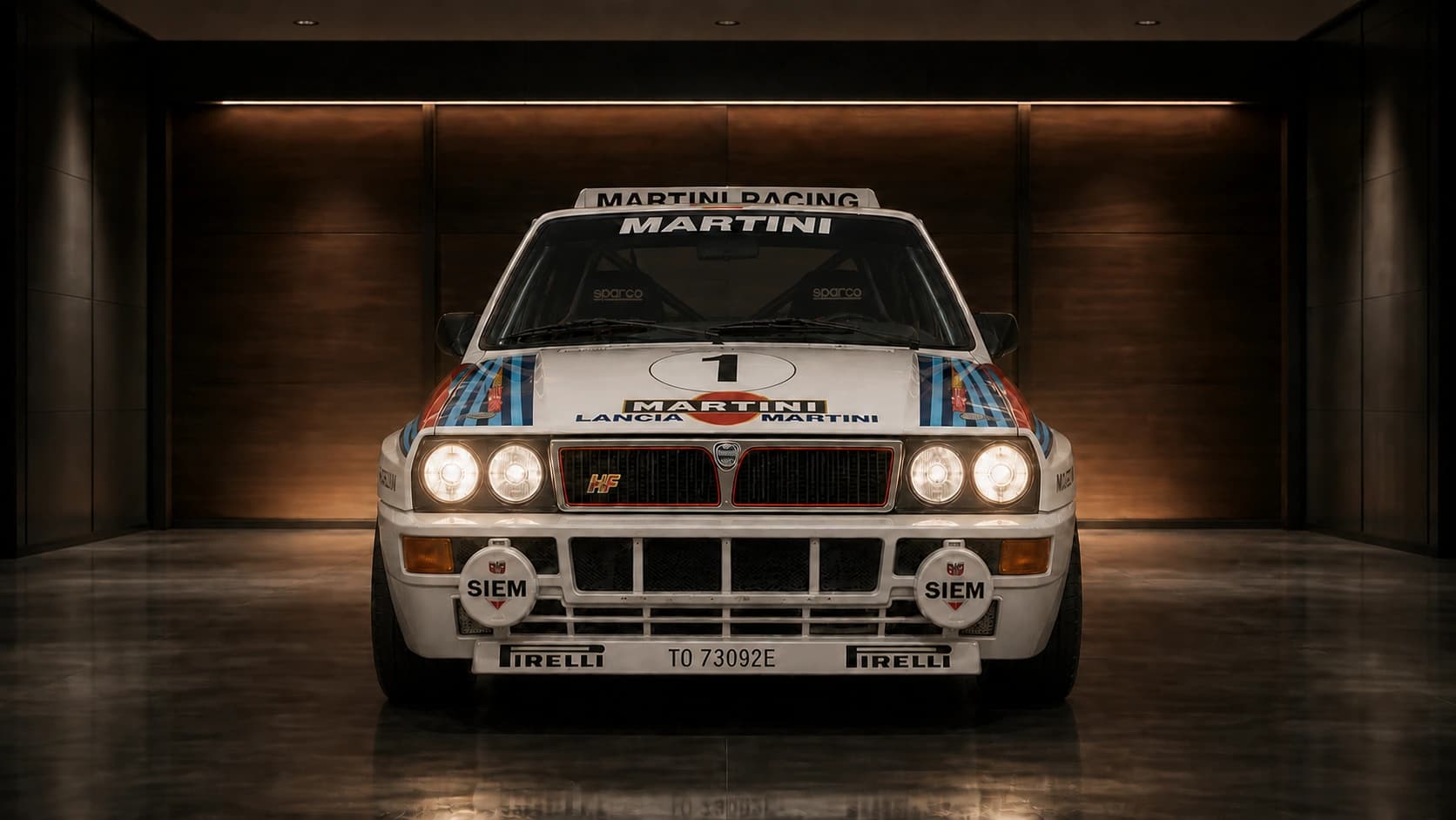 Lancia Delta Martini Rally Car белого цвета в тёмном роскошном гараже — для современной программы организации рабочего стола Windows