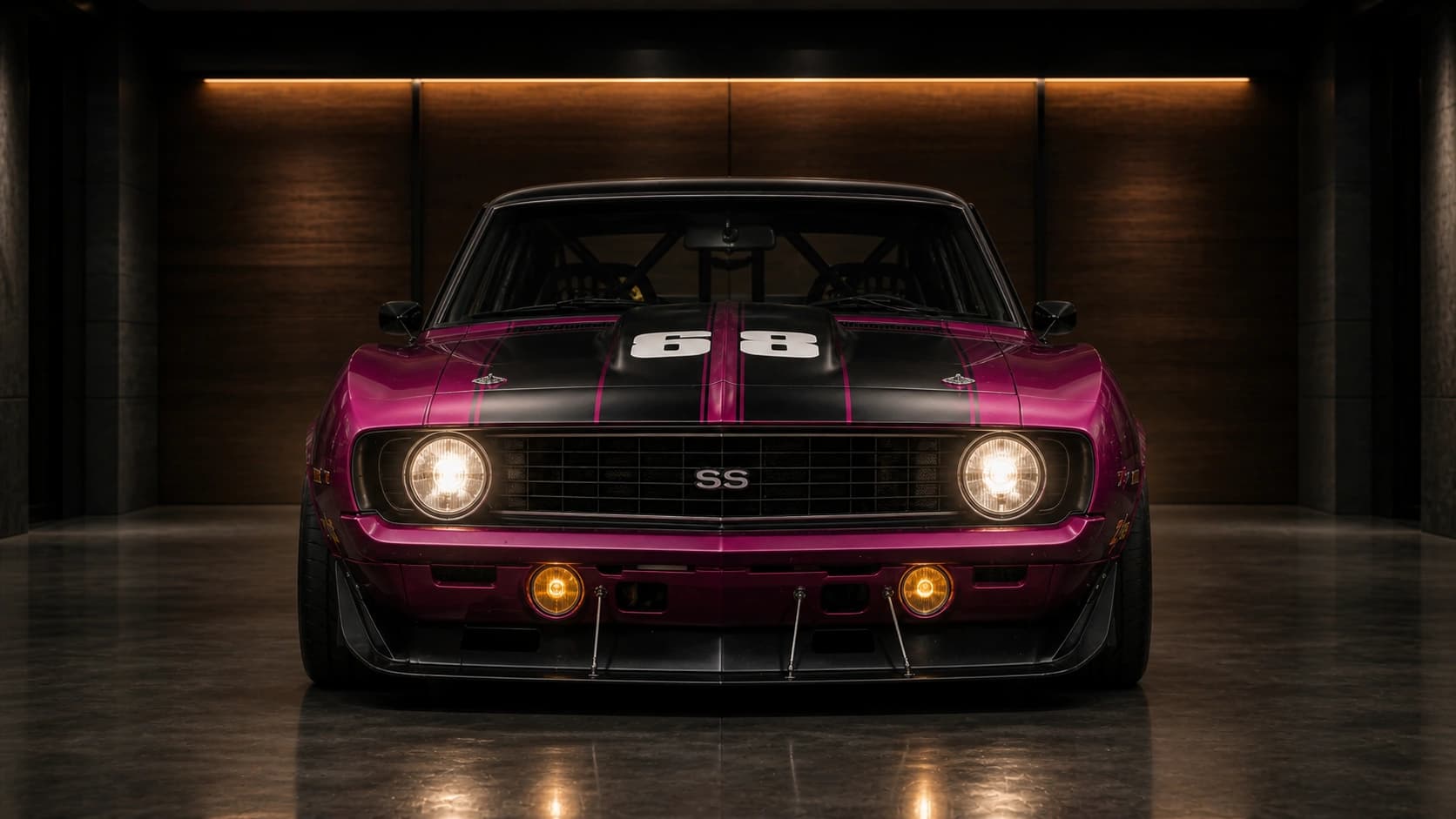 Camaro SS with Black Stripes цвета маджента в тёмном роскошном гараже — для продуктивного рабочего пространства