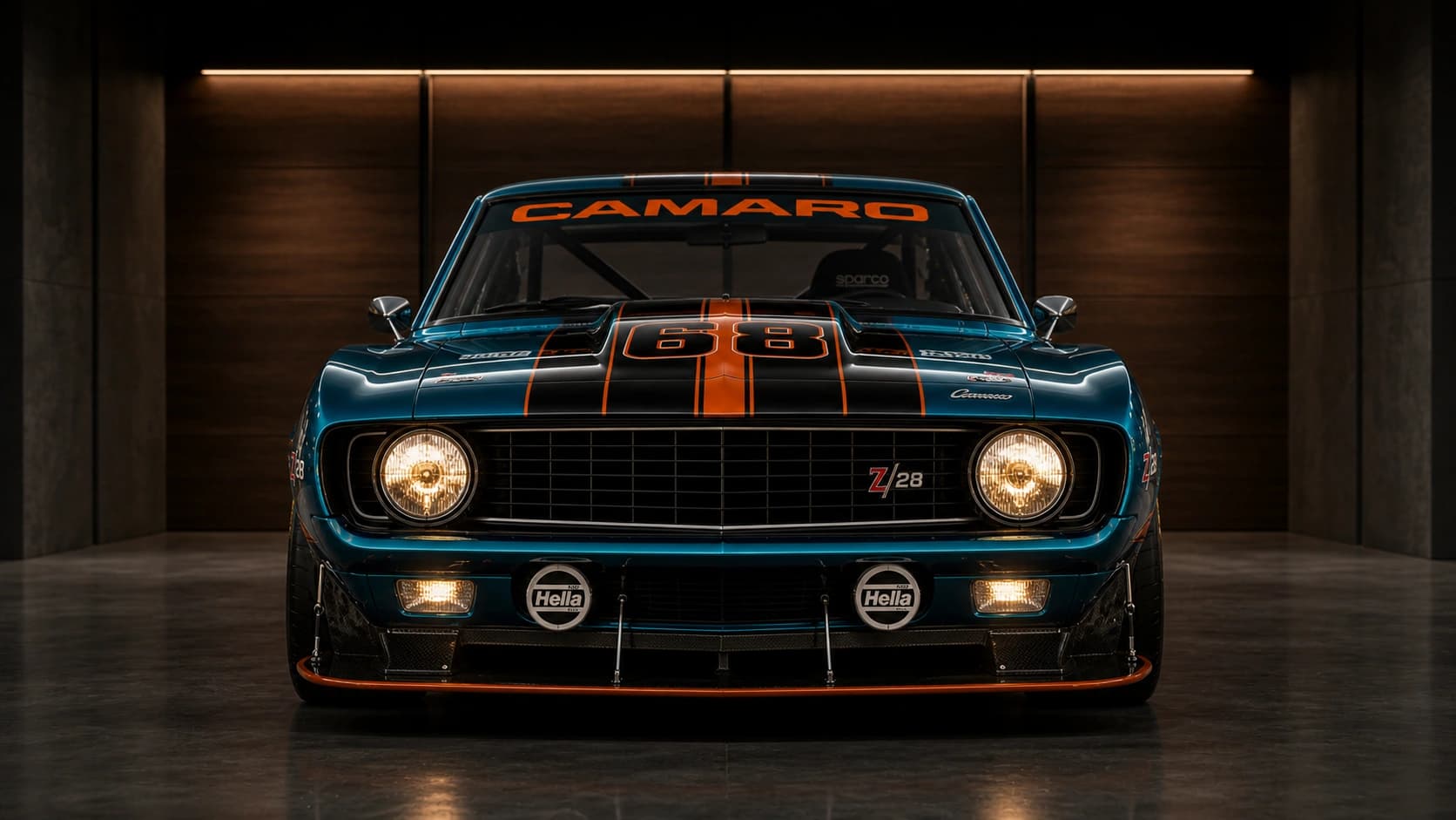 Camaro Z28 with Orange Stripes бирюзового цвета в тёмном роскошном гараже — для организации рабочего стола с обменом файлами