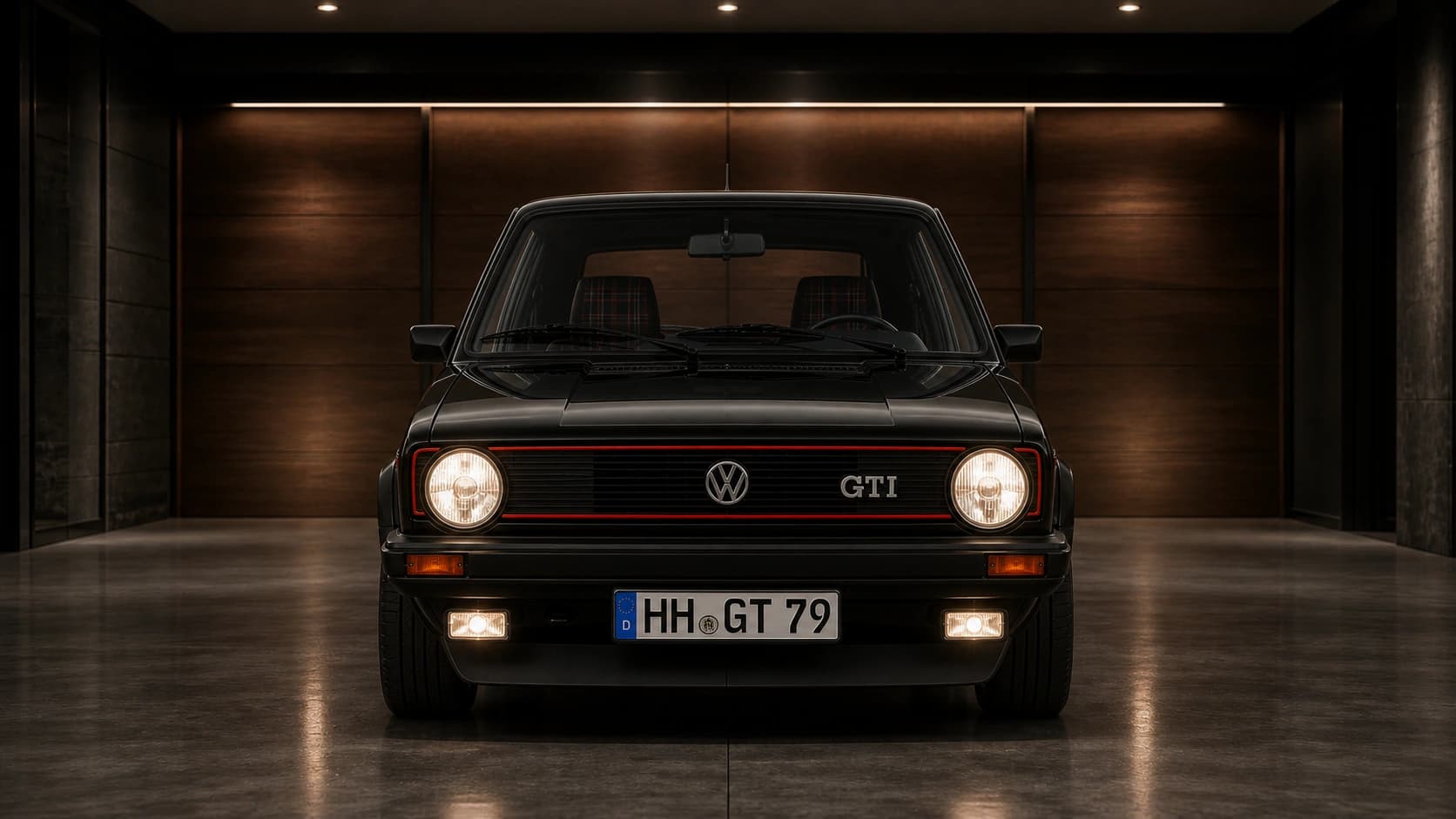 Volkswagen Golf GTI чёрного цвета в тёмном роскошном гараже — для чистого и упорядоченного рабочего стола Windows