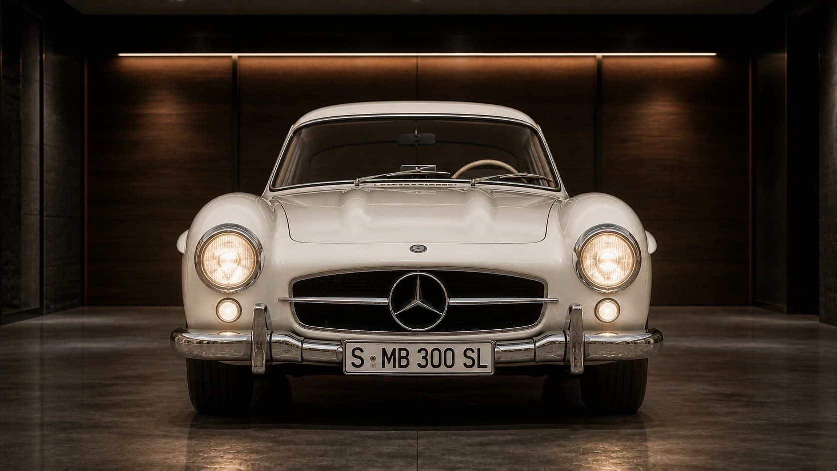 Mercedes 300 SL Gullwing белого цвета в тёмном роскошном гараже — для современной программы организации рабочего стола Windows