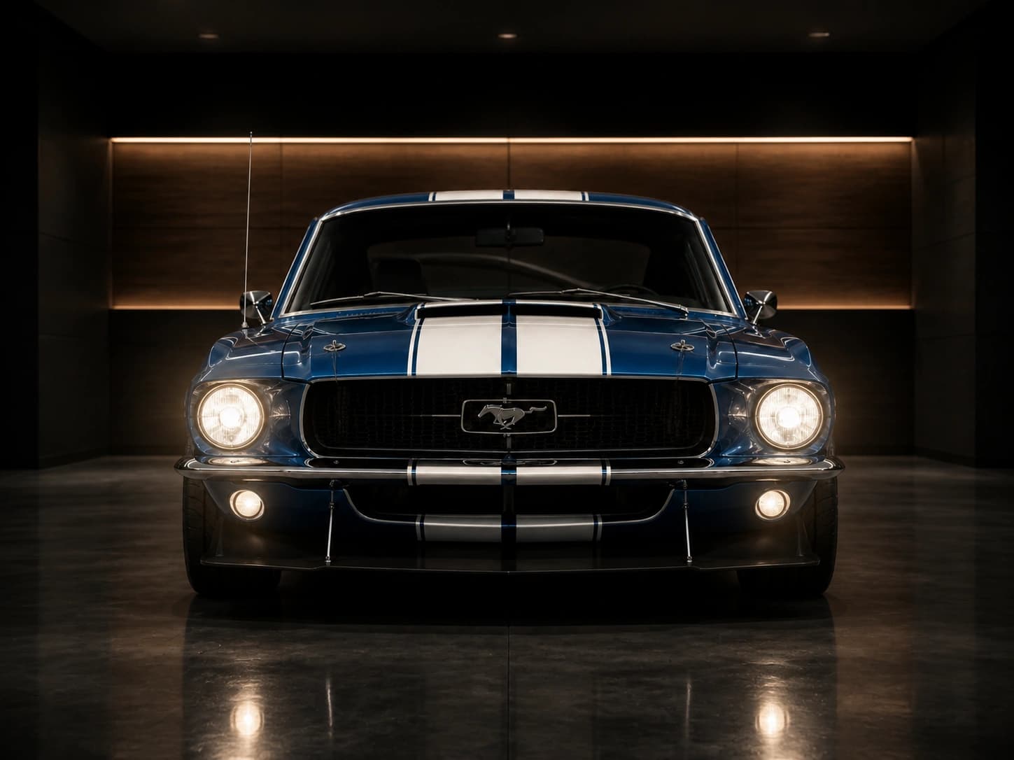 Ford Mustang with White Stripes синего цвета в тёмном роскошном гараже — для современной программы организации рабочего стола Windows