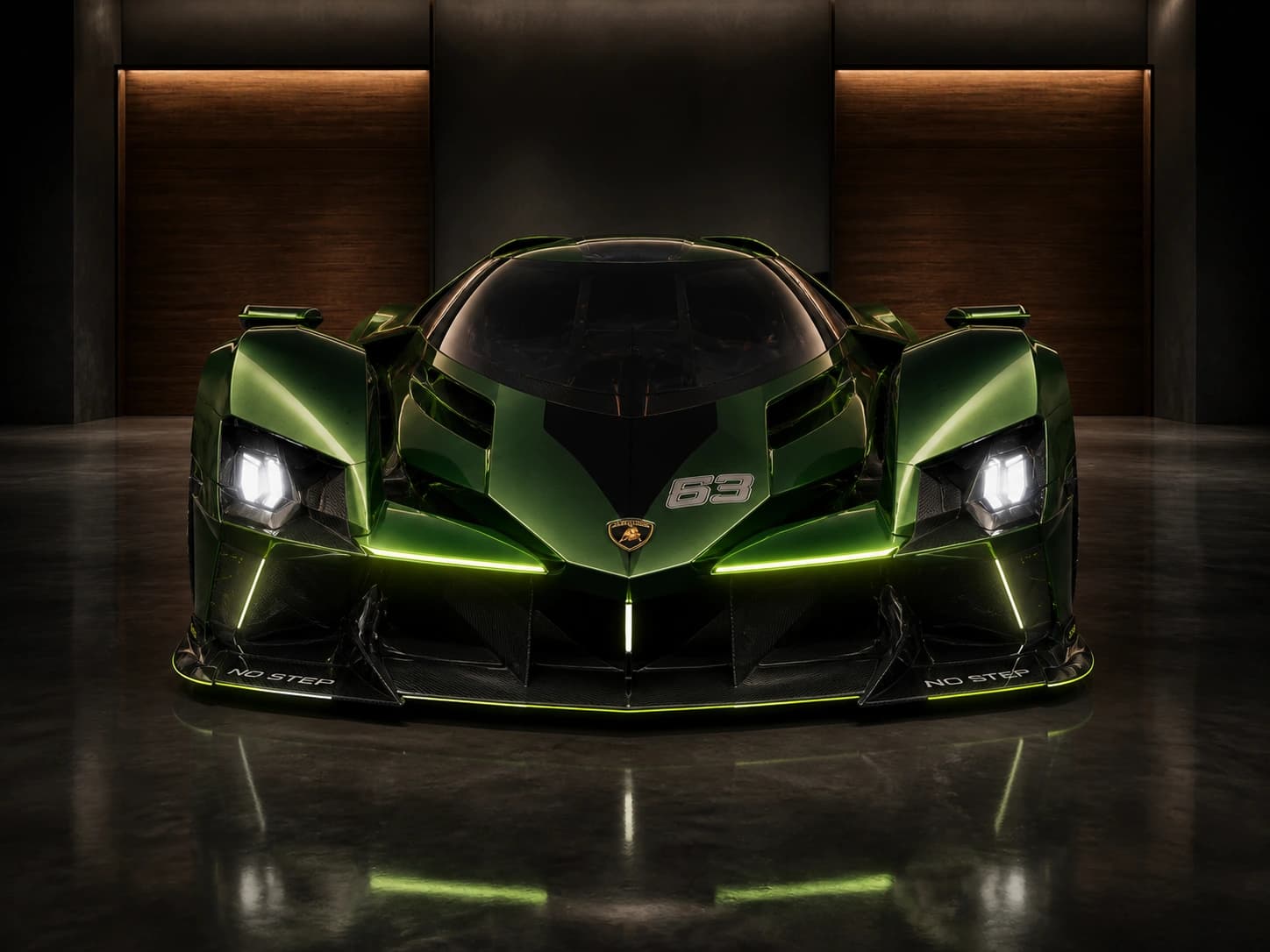 Futuristic Hypercar зелёного цвета в тёмном роскошном гараже — для визуальной организации файлов на рабочем столе