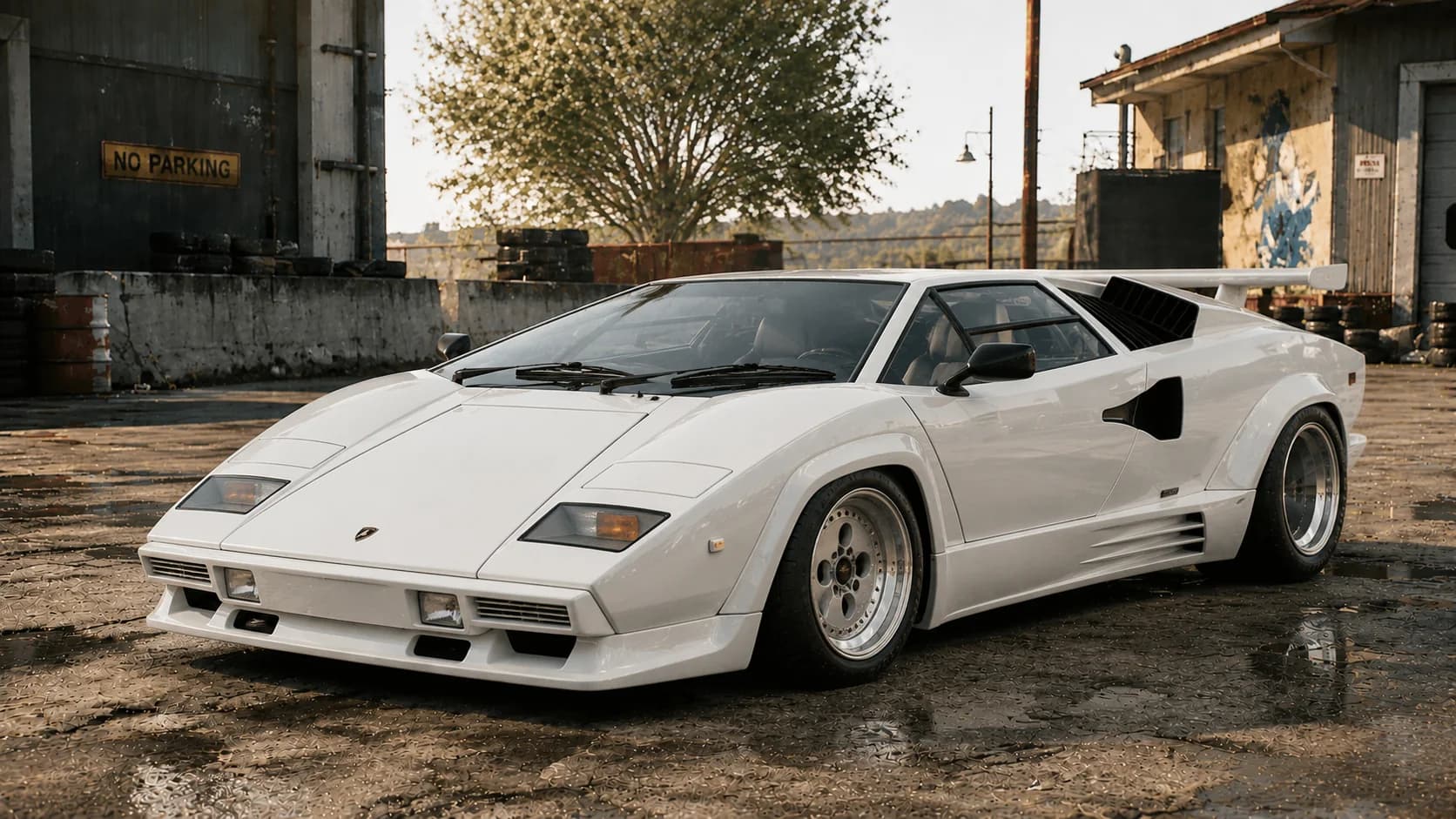 Белый Lamborghini Countach в кинематографичном гараже — для продуктивного рабочего пространства