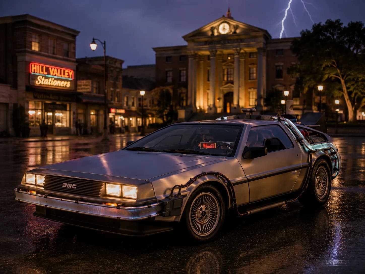 DeLorean в кинематографичном ночном городе — для чистого и упорядоченного рабочего стола Windows