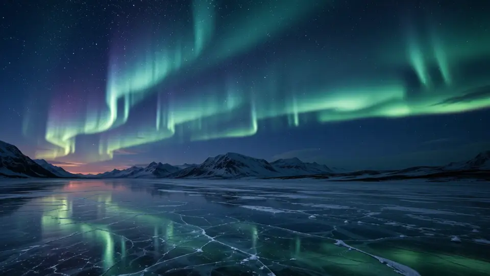 La aurora verde avanza sobre un paisaje helado y se refleja en el lago.