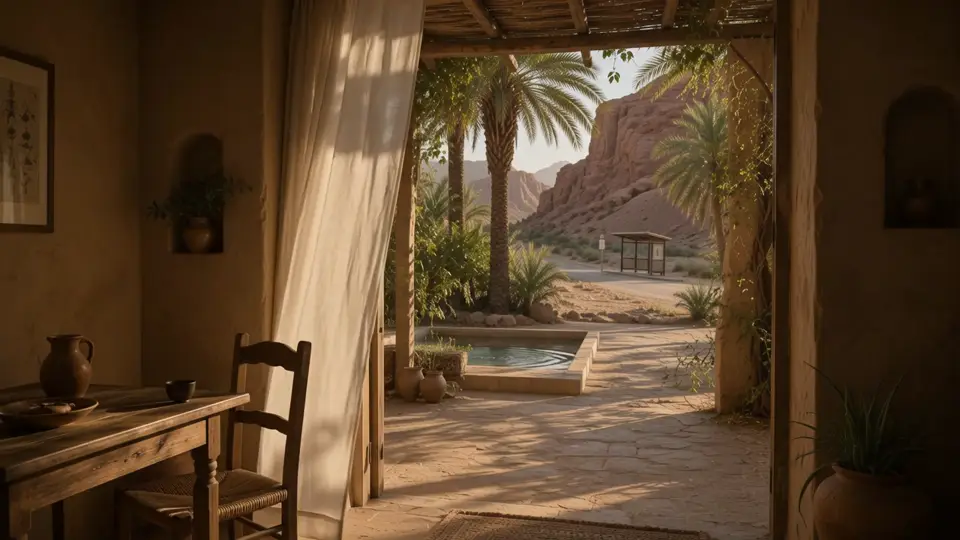 Una cortina ligera se mueve junto a un oasis tranquilo bajo la cálida luz matinal.
