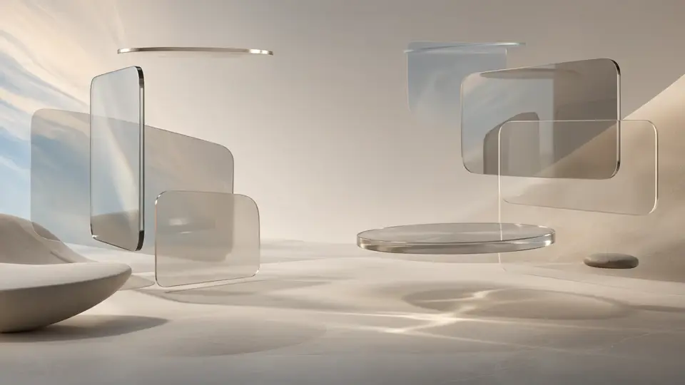 Paneles de vidrio transparente flotan y giran en una sala minimalista luminosa.