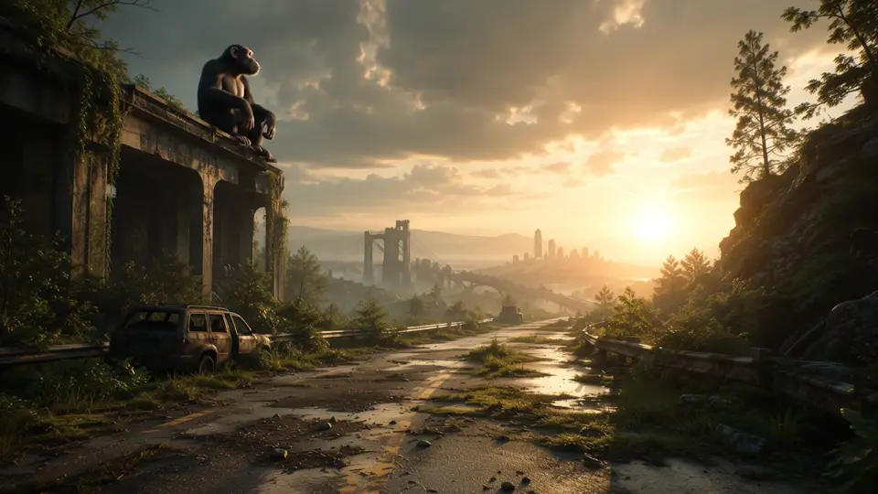 Un chimpancé contempla el amanecer desde un edificio en ruinas cubierto de vegetación.