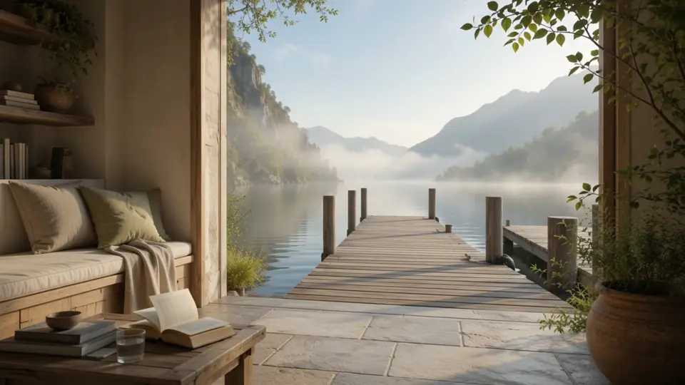 Una sala soleada se abre a un tranquilo lago de montaña con embarcadero de madera.