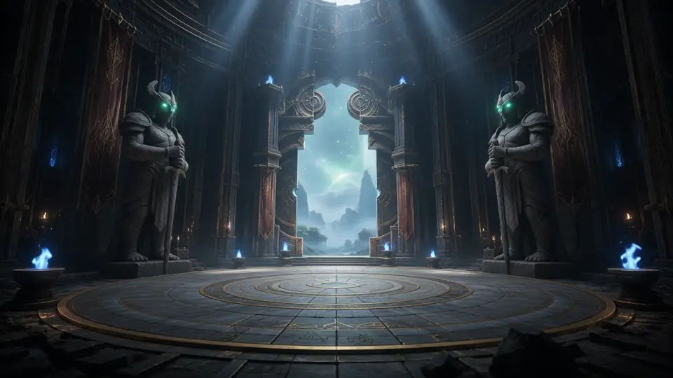 Guardianes de piedra flanquean una puerta luminosa giratoria en una sala antigua.
