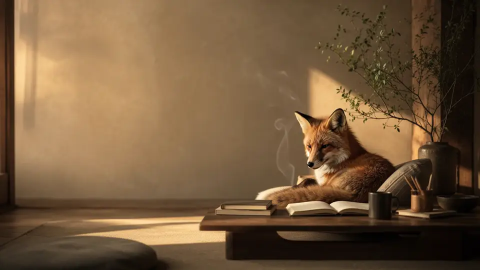 Un zorro descansa junto a un libro abierto y una taza caliente bajo luz dorada.