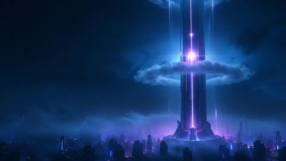 Una torre futurista envía pulsos violetas sobre un horizonte rodeado de nubes.