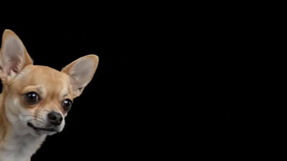 Un chihuahua se asoma juguetonamente al encuadre sobre un fondo negro.