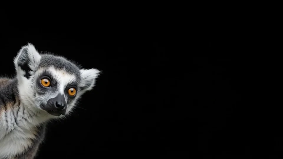 Un lémur de ojos brillantes se asoma al encuadre desde distintas direcciones.
