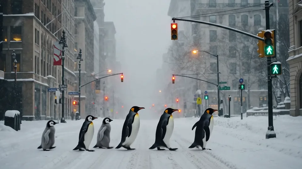 Una fila de pingüinos cruza una calle urbana cubierta de nieve.