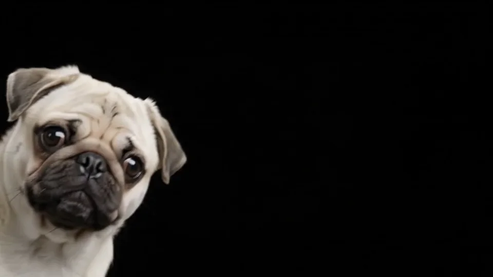 Un carlino blanco se asoma con curiosidad al encuadre sobre un fondo negro.