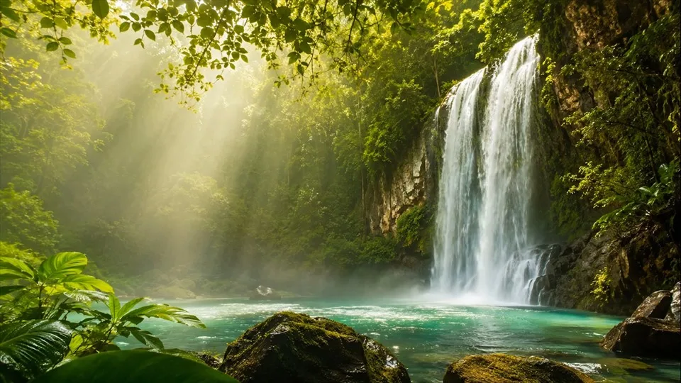 Una cascada fluye por un bosque tropical iluminado por el sol.