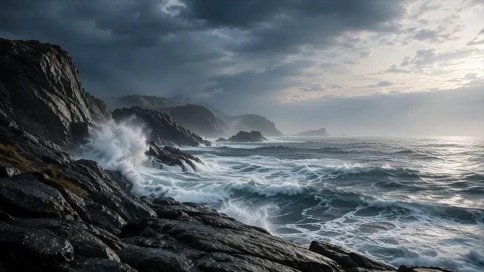 劇的な雲の下、波が岩の海岸に打ち寄せます。