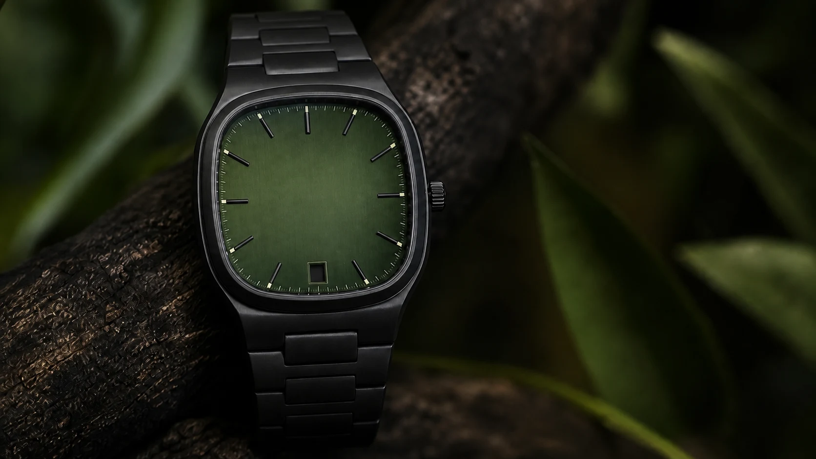 Precisión negra y verde — Un reloj de acero negro con esfera verde muestra la hora local y la fecha actuales del ordenador.