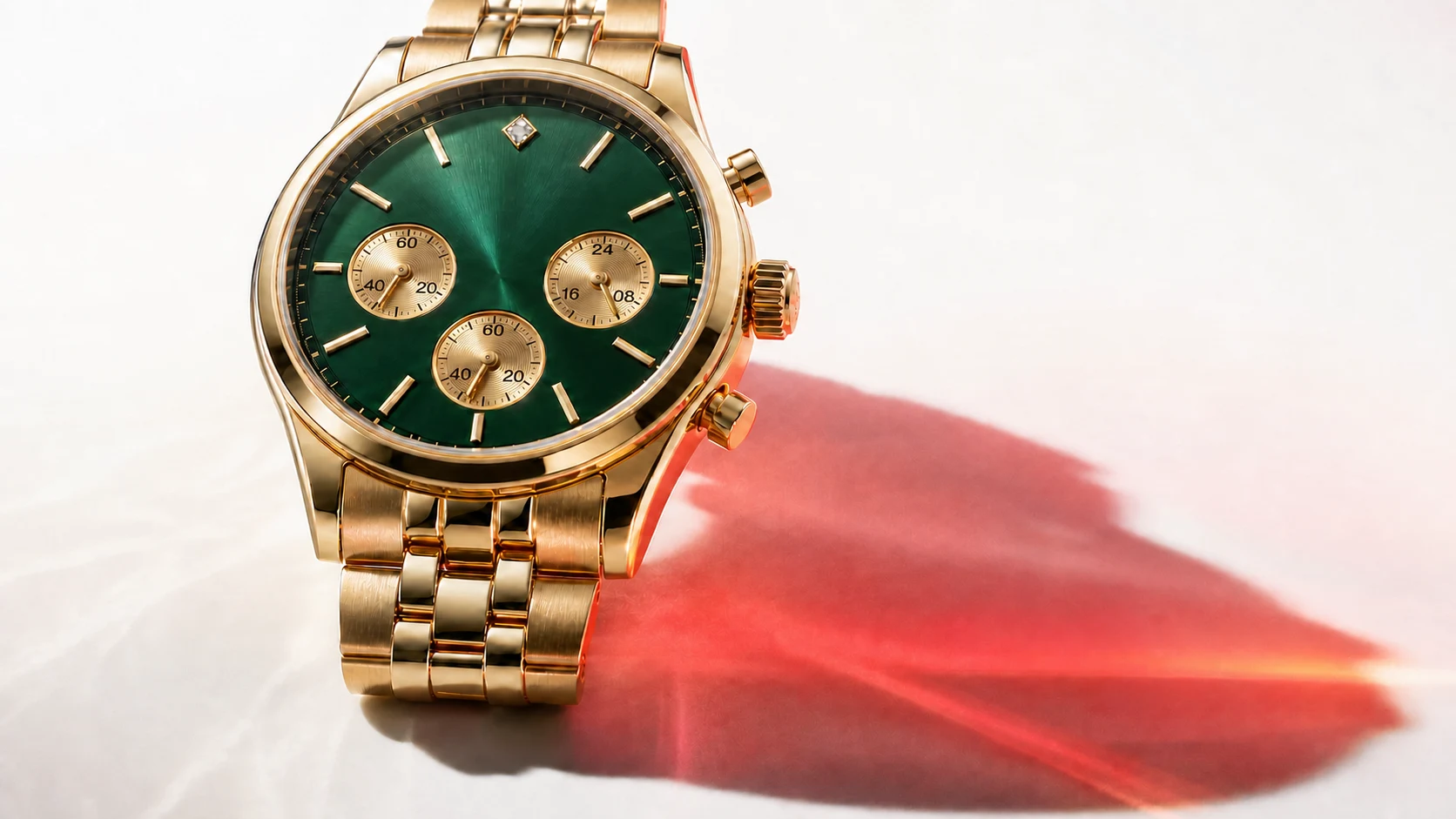 Cronógrafo dorado y verde — Un cronógrafo dorado con esfera verde muestra la hora local actual del ordenador.