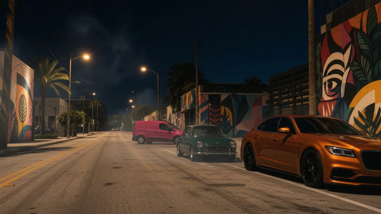 Calle urbana de noche — Farolas y coches estacionados dan vida a un colorido distrito urbano tras el anochecer.