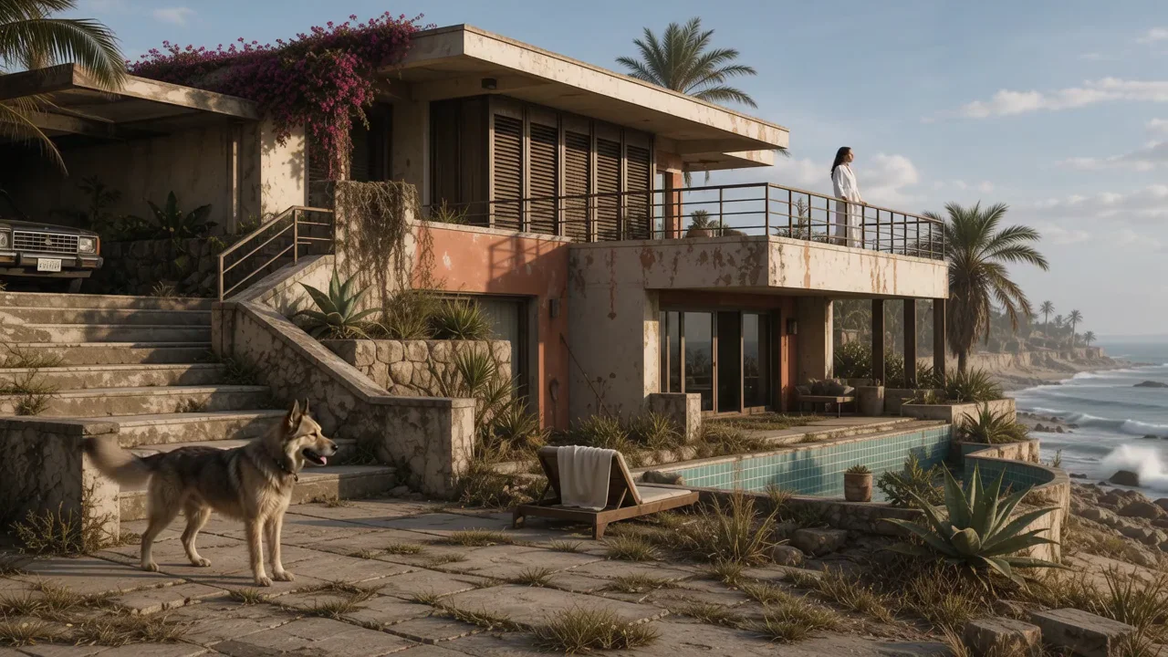 Compañera frente al mar — Una mujer y su perro contemplan un refugio del mundo de juego frente al océano.
