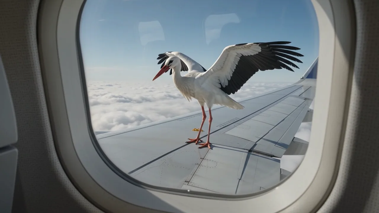 Cigüeña sobre el ala del avión — Cigüeña sobre el ala del avión cobra vida como una animación surrealista y silenciosa para las cajas y el escritorio.