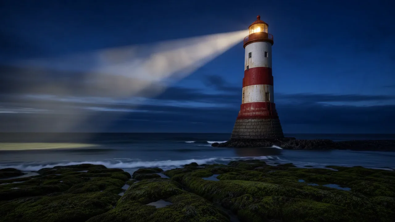 Faro sobre el océano — El haz de un faro recorre de forma constante el océano oscuro y la costa rocosa.