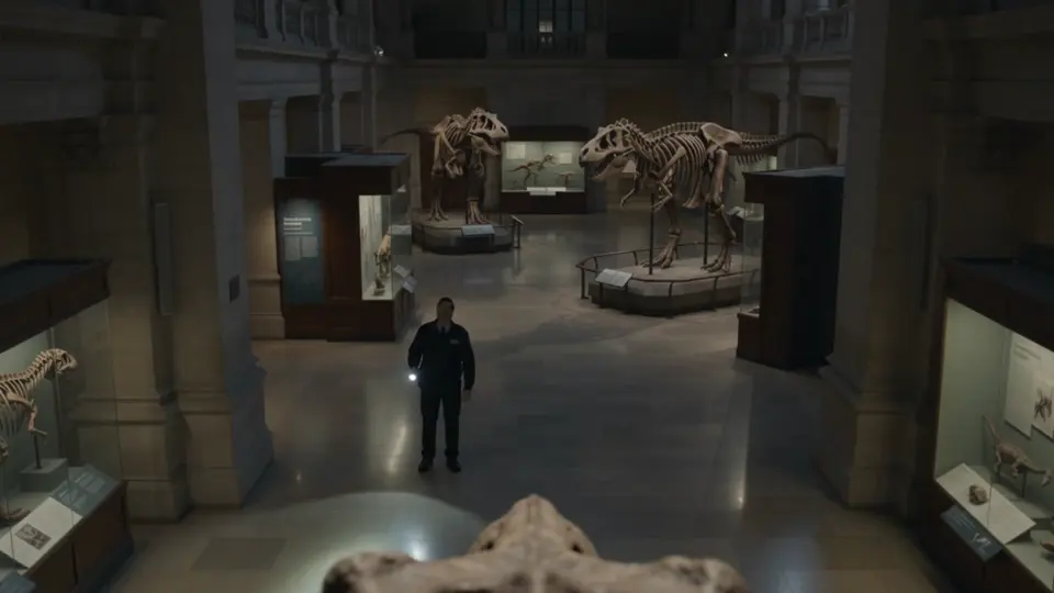 Un vigilante nocturno cruza una sala oscura rodeada de esqueletos de dinosaurios.