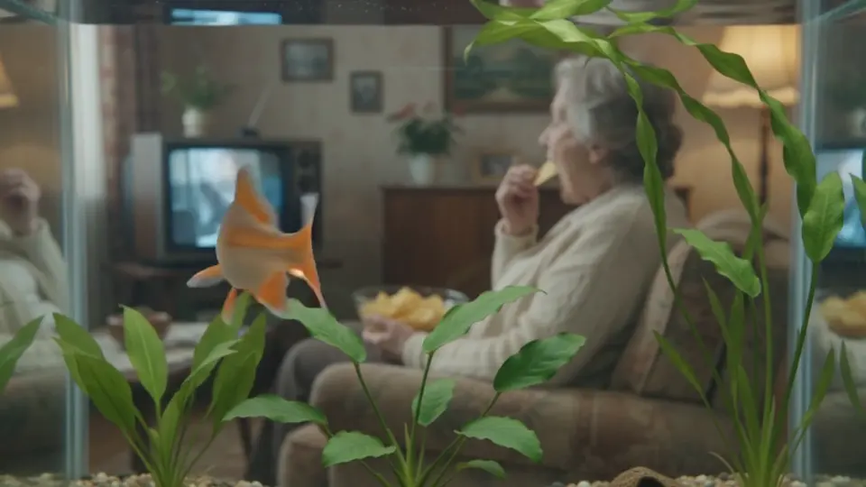 Un pez dorado observa a una mujer comiendo patatas fritas frente al televisor.