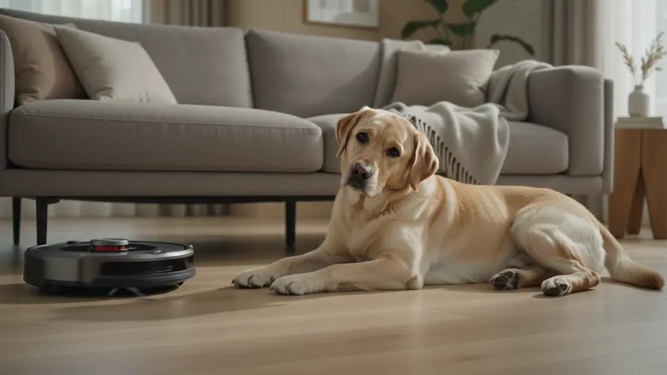 Un labrador curioso observa un robot aspirador que recorre el salón.