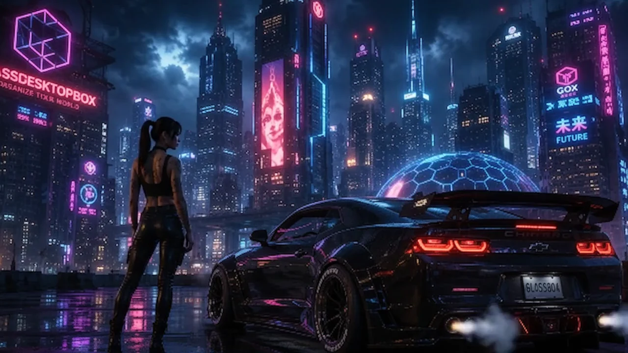 Una mujer contempla una inmensa ciudad futurista desde un tranquilo interior en las alturas.