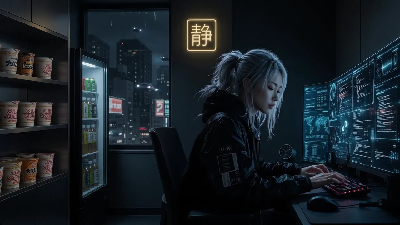 Una mujer escribe en una estación de trabajo futurista mientras las interfaces luminosas responden a su alrededor.