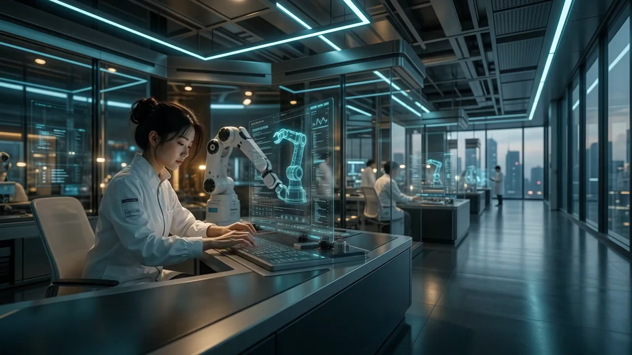 Una mujer maneja un brazo robótico en un espacio tecnológico futurista.