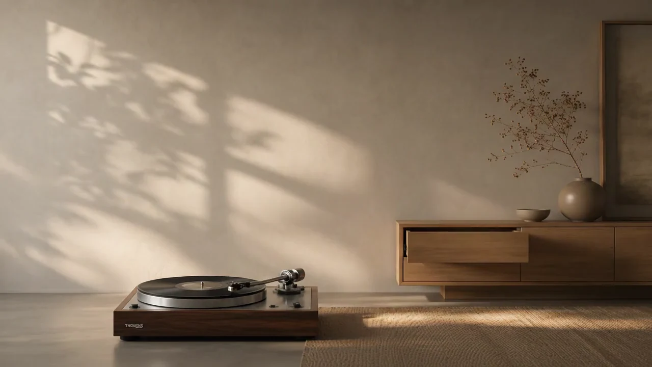 Un tocadiscos y un cajón se mueven en un interior sereno y nostálgico.