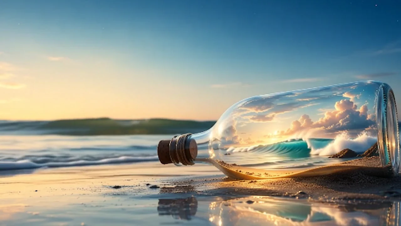 Una botella de vidrio descansa en la playa mientras el mar y la luz se mueven a su alrededor.