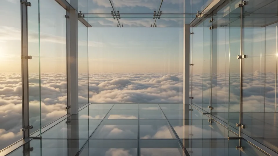 Un ático de cristal flota sobre un océano infinito de nubes.
