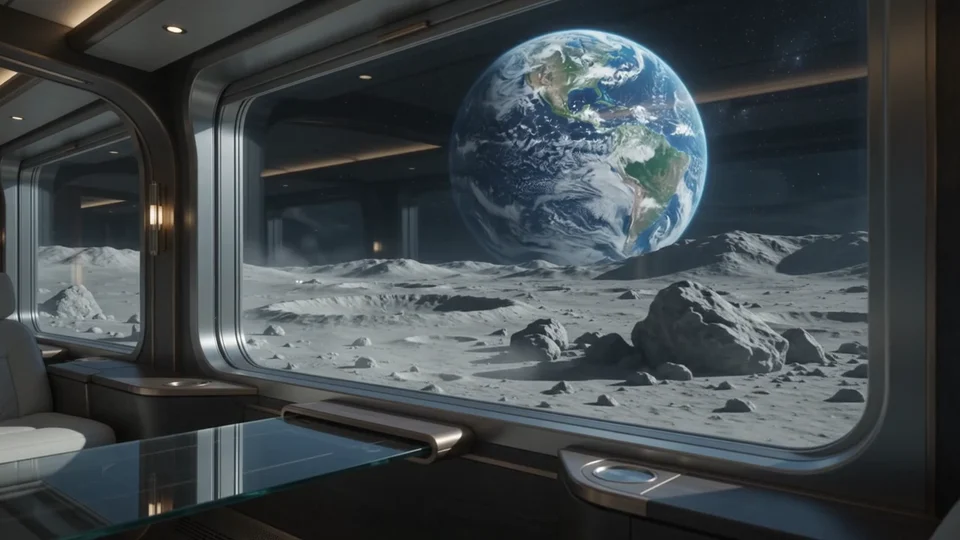 Un tren atraviesa el paisaje lunar bajo la oscuridad del espacio.
