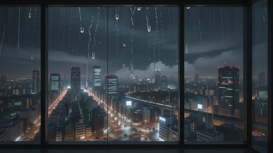 La lluvia recorre el cristal mientras Tokio brilla al otro lado.