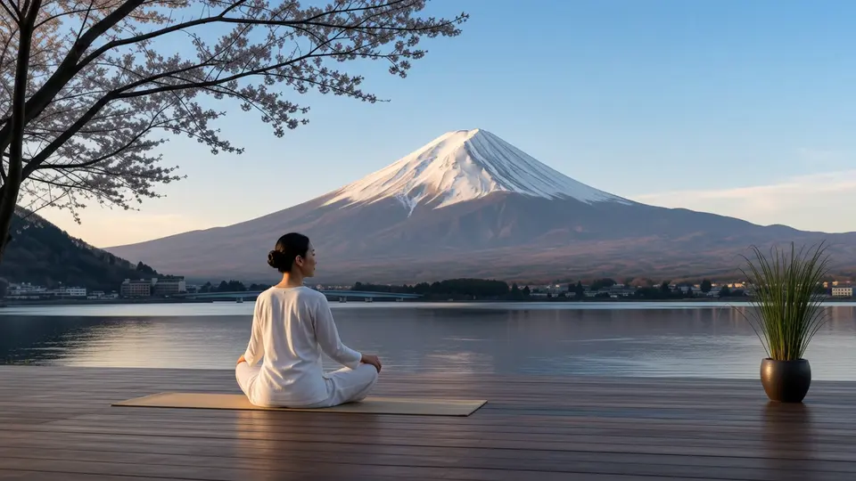 Una mujer medita en silencio junto al lago con el monte Fuji a la vista.