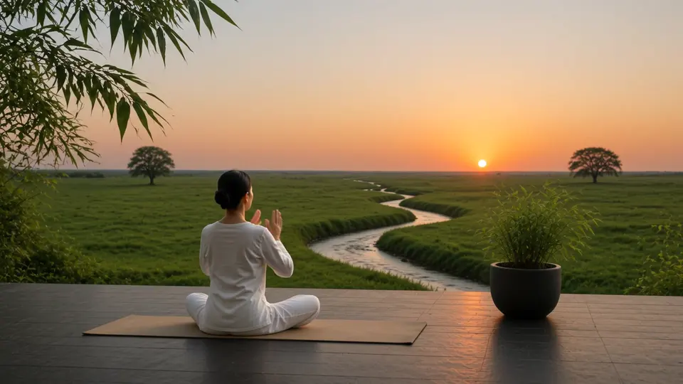 Una mujer saluda al sol poniente con una postura serena de yoga junto a un arroyo sinuoso.