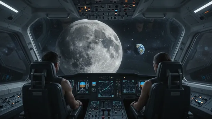 月へ接近する宇宙船 — 宇宙船が宇宙の暗闇を抜けて月へ静かに近づきます。