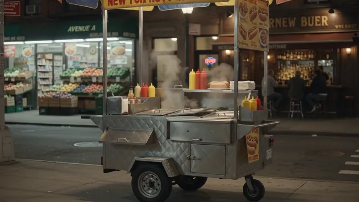 Carrito de perritos de noche — Un carrito iluminado anima una esquina urbana al caer la noche.