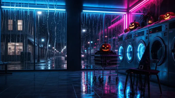 Neon Halloween Laundromat — A silent seasonal animation featuring “Neon Halloween Laundromat” for boxes and the desktop.