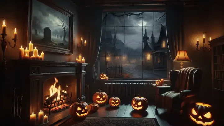 Sala de lectura victoriana de Halloween — Una animación de Halloween silenciosa para cajas y el escritorio.